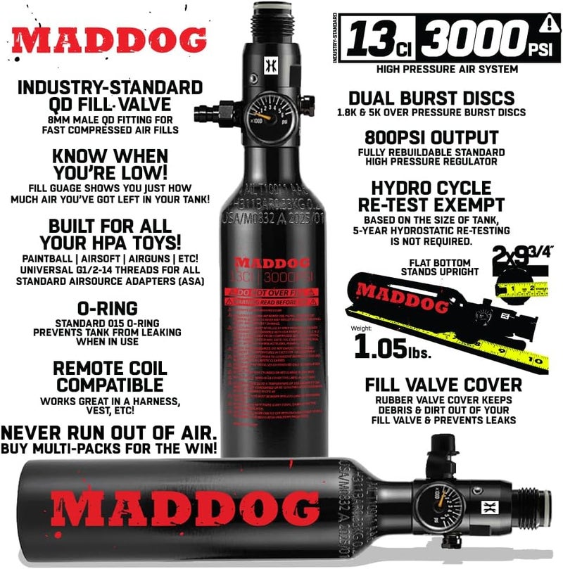 MAddog 13ci/3000psi Aluminum Compressed Air HPA Paintball Tank with Regulator - Image 1